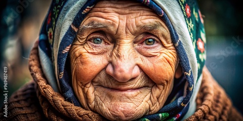 Portrait of a gentle elderly woman with a prominent hooked nose, wrinkled skin, and warm smile, conveying wisdom, photo