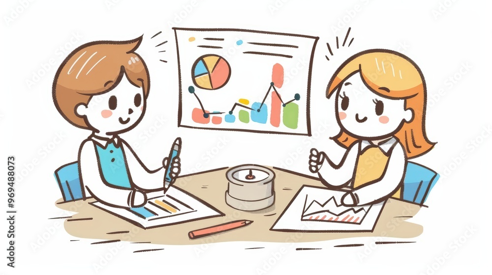 A cute cartoon of business analysts studying market data graphs A cute cartoon of business analysts studying market data graphs