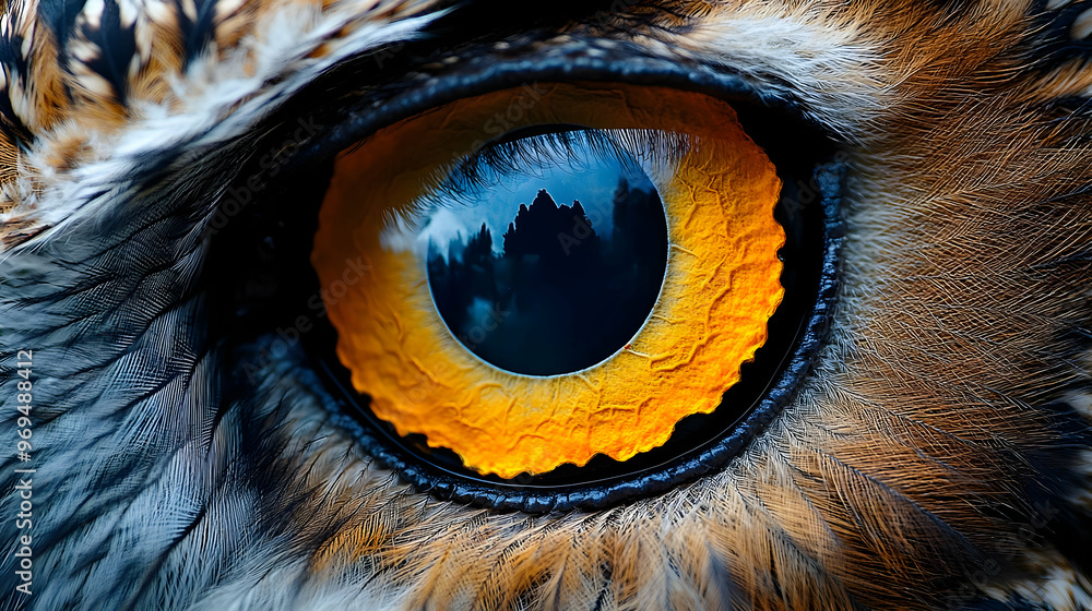 Close-up of an owl's eye showcasing intricate details and vibrant colors. Close-up of an owl's eye showcasing intricate details and vibrant colors.