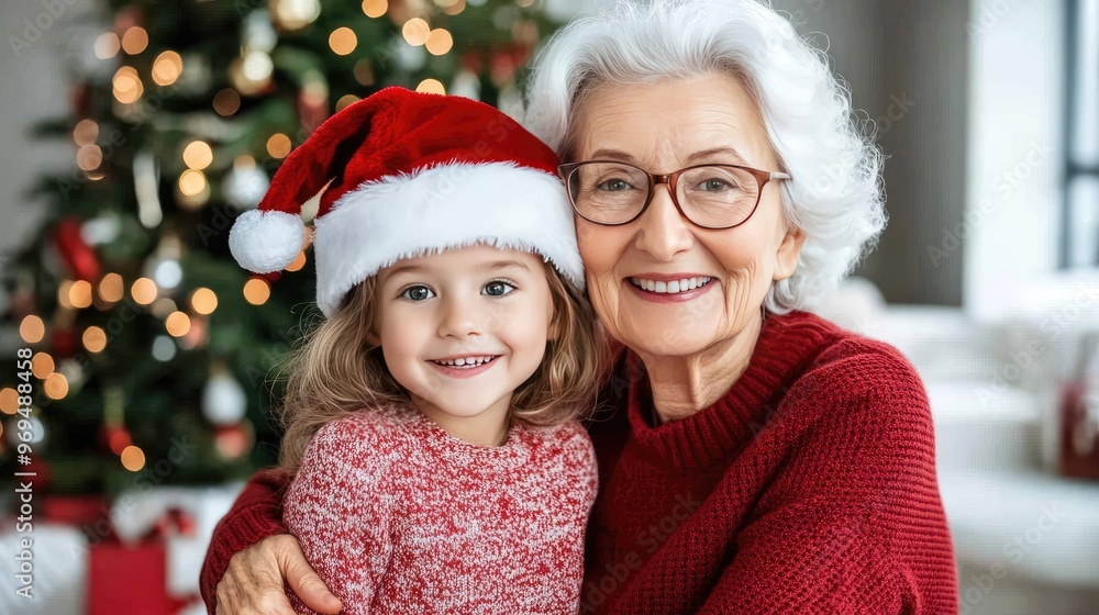 A joyful moment shared between a little girl and her grandmother, both smiling warmly in festive attire, capturing the essence of family and holiday spirit A joyful moment shared between a little girl and her grandmother, both smiling warmly in festive attire, capturing the essence of family and holiday spirit