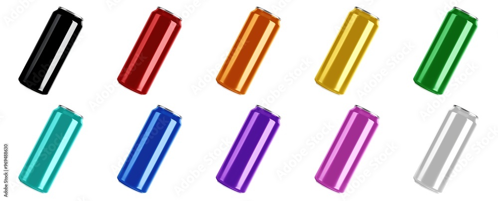Set of colorful aluminum cans. Front view, ideal for beverage, energy drinks, and product display. Isolated on white background. Generative ai Set of colorful aluminum cans. Front view, ideal for beverage, energy drinks, and product display. Isolated on white background. Generative ai