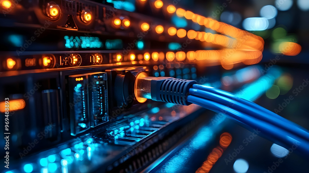 Close-up of network equipment with illuminated ports and cables, showcasing data connectivity. Close-up of network equipment with illuminated ports and cables, showcasing data connectivity.