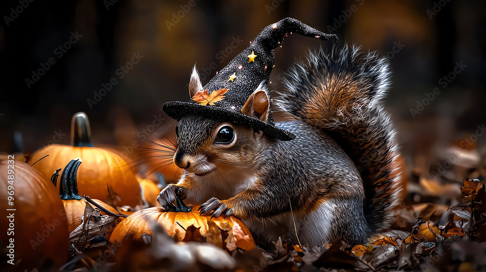 A playful squirrel wearing a witch hat, surrounded by pumpkins in a colorful autumn forest setting. A playful squirrel wearing a witch hat, surrounded by pumpkins in a colorful autumn forest setting.