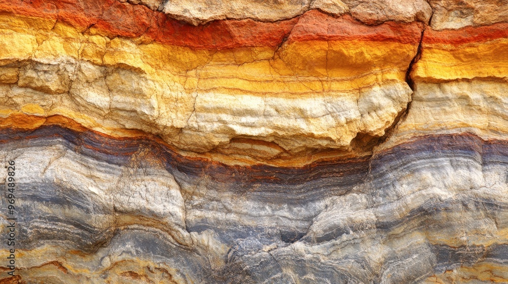 A close-up of sedimentary rock layers showing different colors and textures, revealing the history of the earth. A close-up of sedimentary rock layers showing different colors and textures, revealing the history of the earth.