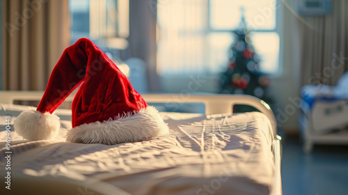 santa hat on hospital bed, festive help for patients, kindness christmas season, blur background interior of hospital ward