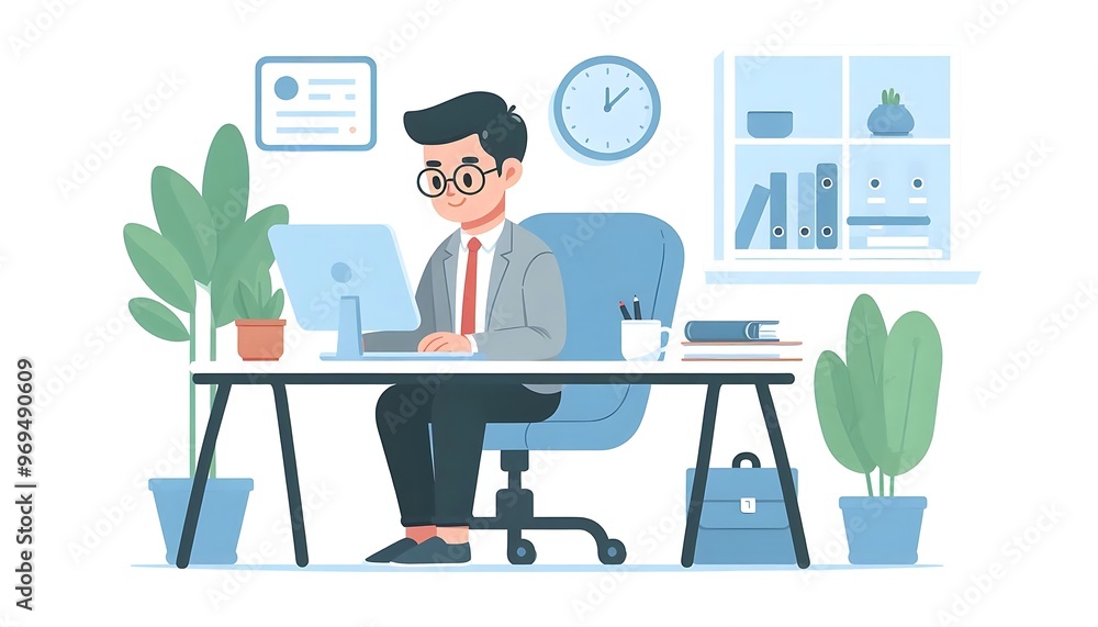 A businessman working at office in flat llustration A businessman working at office in flat llustration