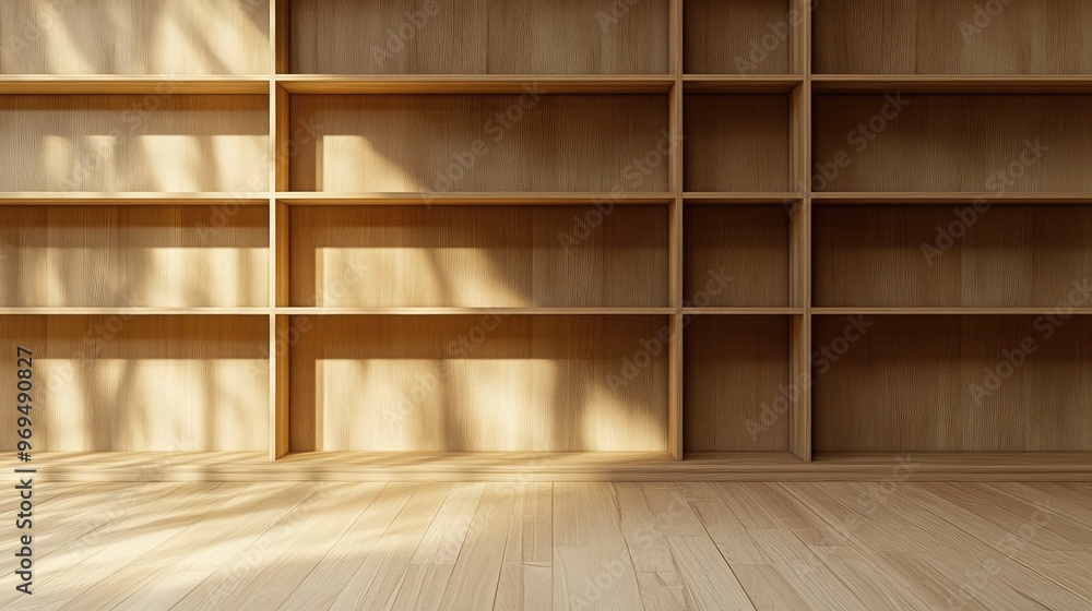 A 3D-rendered wooden bookshelf with empty shelves, minimalist in design, waiting to be filled with books or decor items. A 3D-rendered wooden bookshelf with empty shelves, minimalist in design, waiting to be filled with books or decor items.