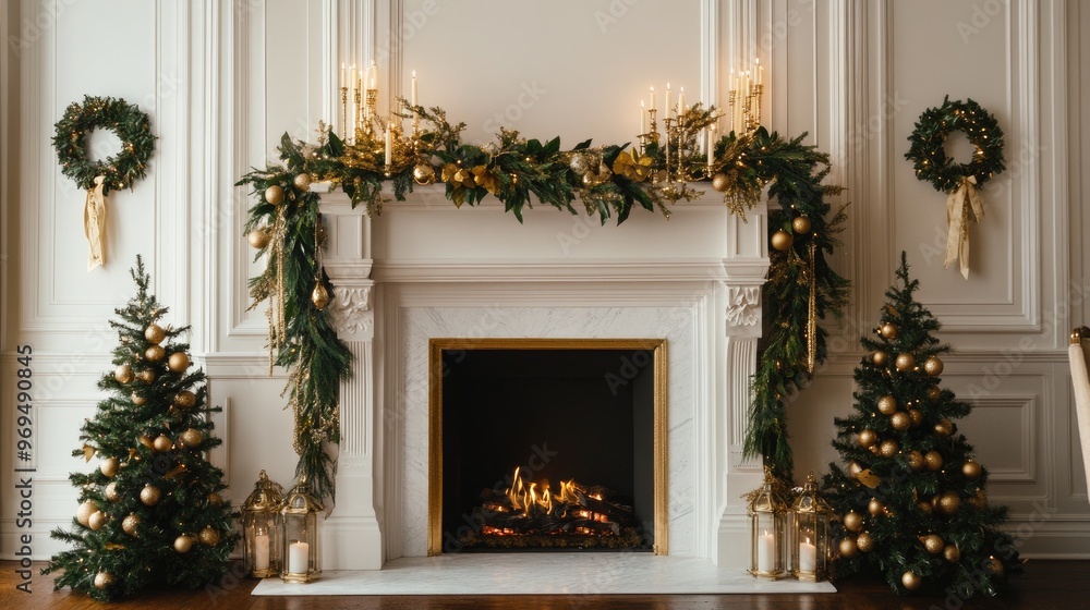 A fireplace decorated with garlands, candles, and gold accents, with an elegant blank space above the mantel for overlaying text or a holiday message. A fireplace decorated with garlands, candles, and gold accents, with an elegant blank space above the mantel for overlaying text or a holiday message.