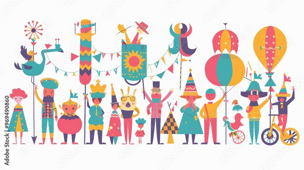 A cute cartoon Style ofA vibrant street parade with floats, performers, and festive decorations A cute cartoon Style ofA vibrant street parade with floats, performers, and festive decorations