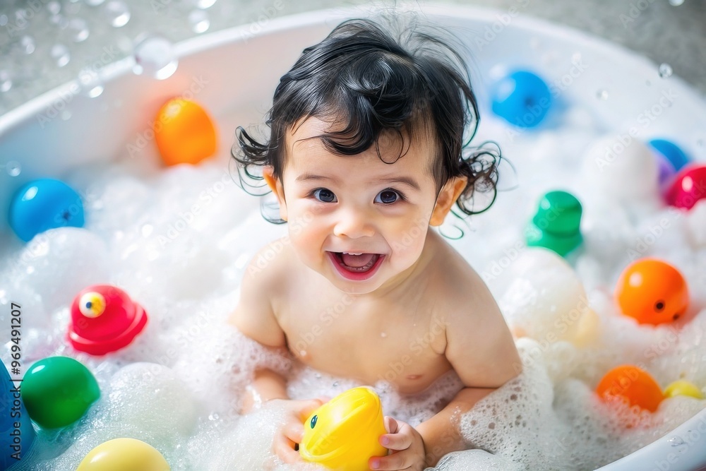 Happy baby asian boy take a bath with bubbles soap and playing a duck toy. She sitting in a bathtub Happy baby asian boy take a bath with bubbles soap and playing a duck toy. She sitting in a bathtub