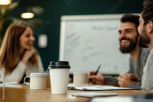 A group of young professionals in an office setting, smiling and engaged in conversation during a meeting.