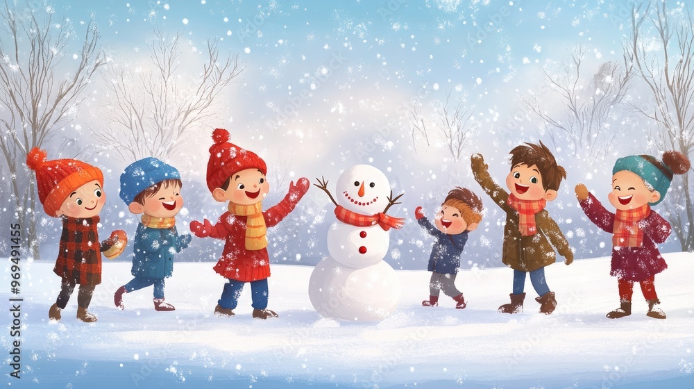 Fototapeta premium A group of children playing in the snow, building snowmen and throwing snowballs, with joyful expressions and a snowy park in the background.
