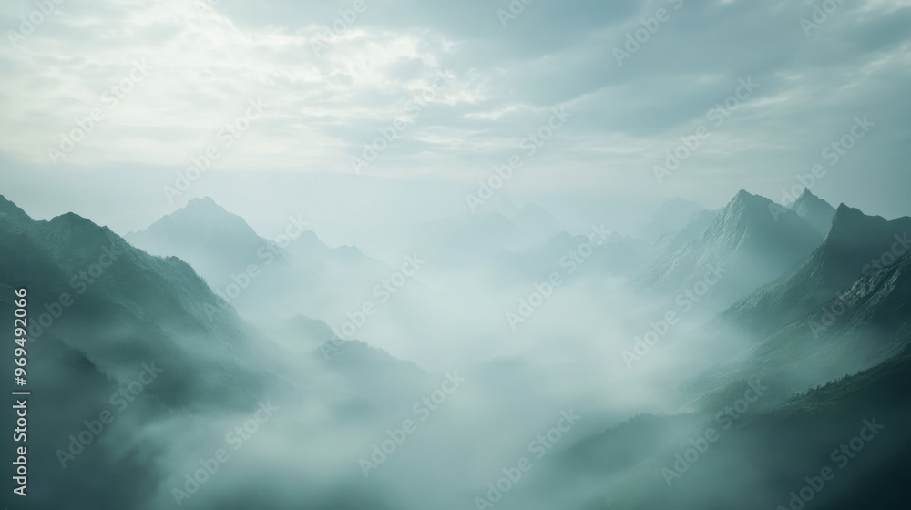 A dense fog rolling over a mountain range, with the peaks barely visible through the mist.