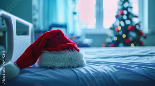 santa hat on hospital bed, festive help for patients, kindness christmas season, blur background interior of hospital ward