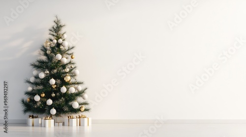 A minimalist Christmas tree decorated with gold and white ornaments, with a blank wall to the side for inserting holiday greetings.