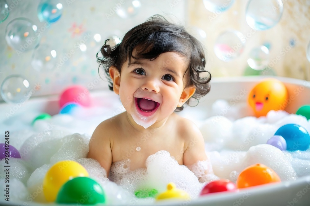 Happy baby asian boy take a bath with bubbles soap and playing a duck toy. She sitting in a bathtub Happy baby asian boy take a bath with bubbles soap and playing a duck toy. She sitting in a bathtub