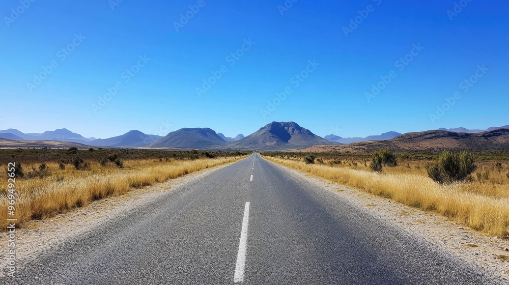 A deserted road disappearing into the horizon, with mountains in the distance under a clear blue sky. A deserted road disappearing into the horizon, with mountains in the distance under a clear blue sky.