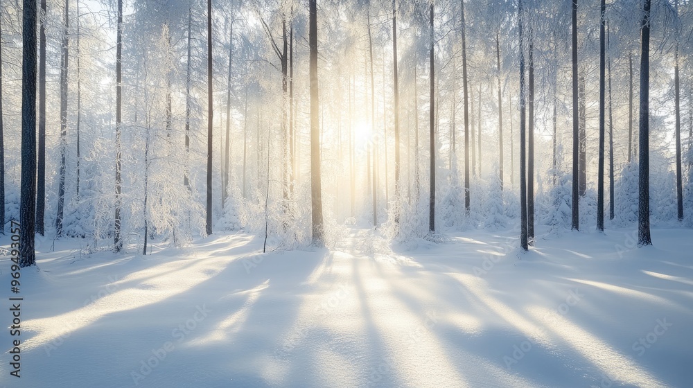 A peaceful winter forest covered in freshly fallen snow, with tall, snow-dusted trees and soft sunlight filtering through. A peaceful winter forest covered in freshly fallen snow, with tall, snow-dusted trees and soft sunlight filtering through.