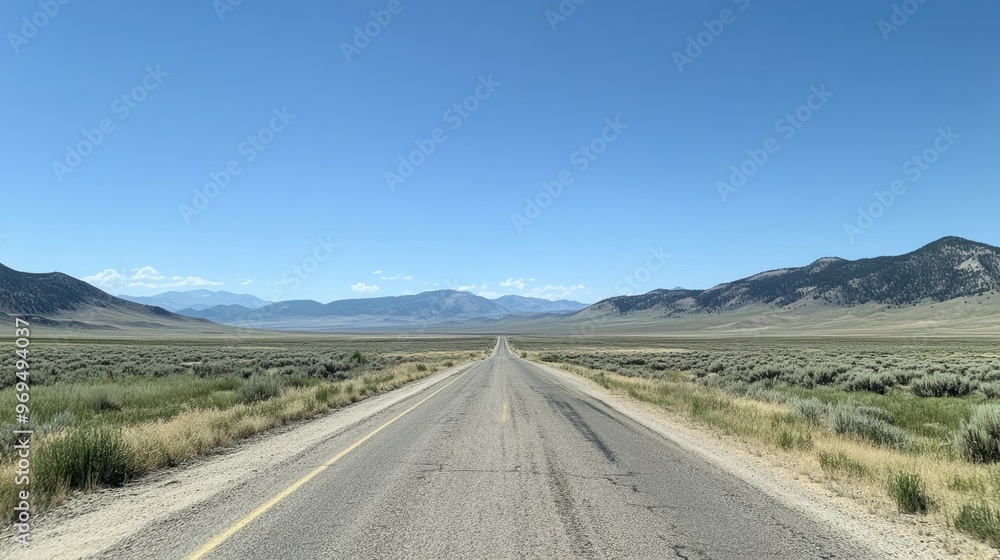 A deserted road disappearing into the horizon, with mountains in the distance under a clear blue sky. A deserted road disappearing into the horizon, with mountains in the distance under a clear blue sky.