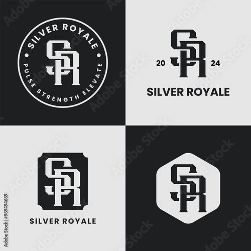 Set of SR or RS monogram with clean, interlocking initials in a strong serif style, creating a modern and striking appearance.