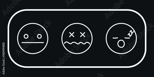 Three white design emoticons in a white frame. Vector on a black background