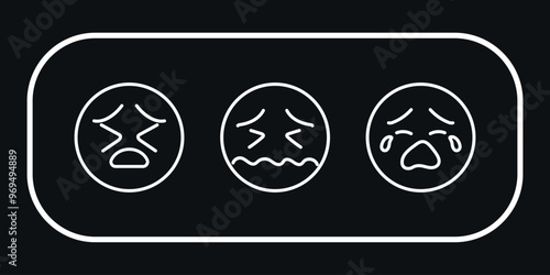 Three white design emoticons in a white frame. Vector on a black background