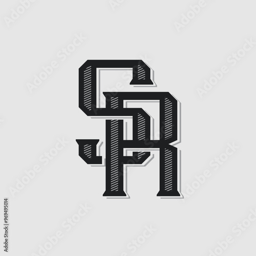 The SR or RS black monogram logo is in a classic style, featuring elegant interlocking letters, with sharp curves and balanced proportions, evoking a vintage and detailed feel. 