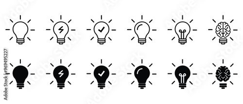 light bulb set icon on white background. Idea symbol. Electric lamp, light, innovation, solution, creative thinking, electricity. Outline and flat style.