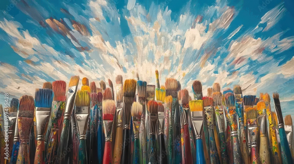 Obraz premium Crafting Reality: Enormous Paintbrushes Transforming Blank Canvas Sky