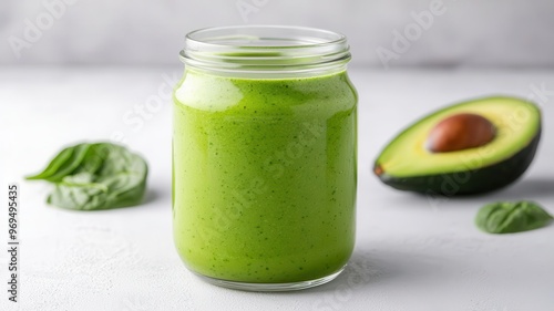 Vibrant green protein shake with spinach and avocado in a glass jar, Healthy protein shake, smooth texture, nutritious