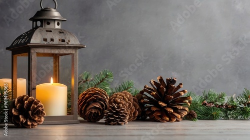 Christmas Lanterns and Pine Cones with empty space for mockup