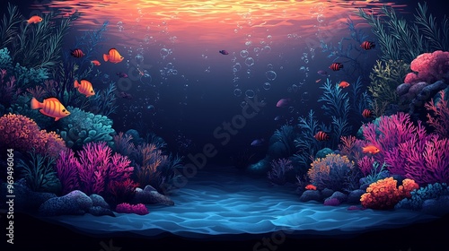 Vector design of a serene underwater scene with fish coral and marine plants using smooth gradients and soft lines to create a tranquil aquatic atmosphere photo