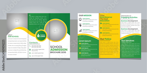 School admission tri-fold brochure template. Kids back to school education brochure cover layout