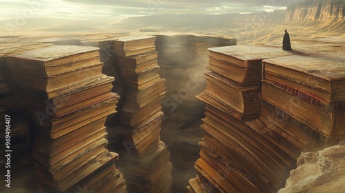 Literary Canyons - Giant Books with Fluttering Pages in Windy Landscape