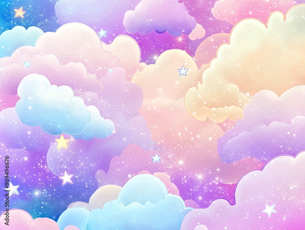 A dreamy pastel sky filled with fluffy clouds and twinkling stars. A dreamy pastel sky filled with fluffy clouds and twinkling stars.