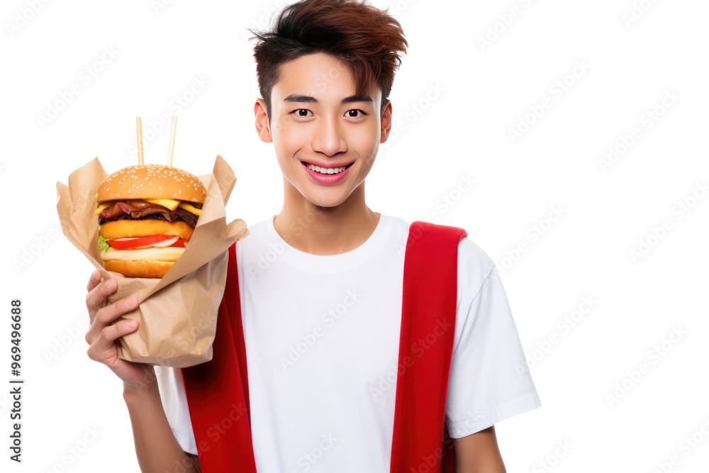 Asian teenager eating fast food Isolated on a white background. Shows a fondness for fast food Asian teenager eating fast food Isolated on a white background. Shows a fondness for fast food