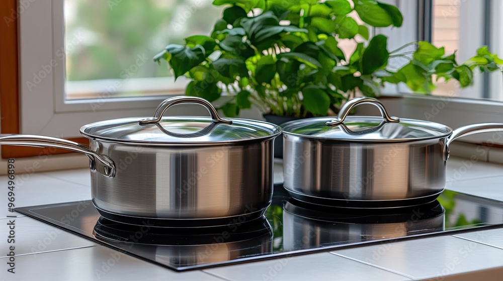 Stylish stainless steel pots and pans rest on a bright kitchen stove, with sunlit tiles and green plants creating an inviting culinary space that radiates warmth Stylish stainless steel pots and pans rest on a bright kitchen stove, with sunlit tiles and green plants creating an inviting culinary space that radiates warmth