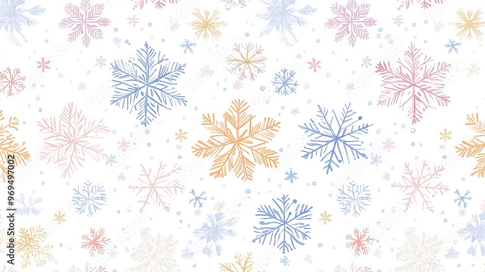 A seamless pattern of delicate snowflakes in soft pastel colors on a white background, perfect for winter designs. A seamless pattern of delicate snowflakes in soft pastel colors on a white background, perfect for winter designs.