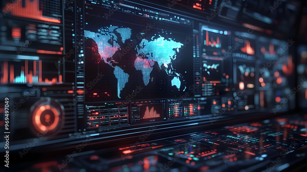 Futuristic interface displaying a world map with data visualizations and analytics. Futuristic interface displaying a world map with data visualizations and analytics.