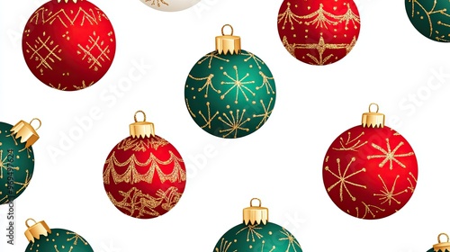 A seamless pattern of red and green Christmas ornaments with gold accents on a white background, perfect for festive designs.