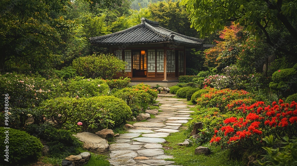 A peaceful garden with a stone path leading to a traditional tea house surrounded by flowers A peaceful garden with a stone path leading to a traditional tea house surrounded by flowers