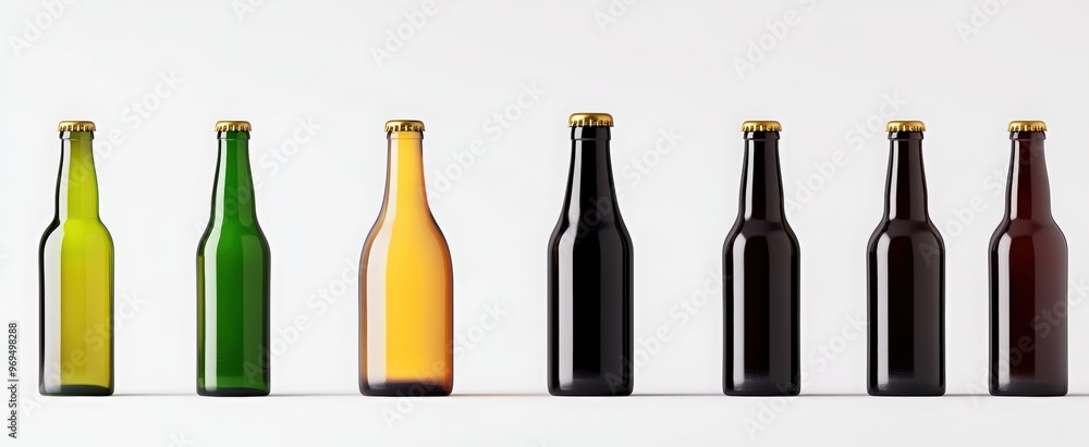 5 different beer bottle realistic mockups on a white background, in green, brown, black, amber, and yellow glass bottles with blank labels for product design, packaging presentation 5 different beer bottle realistic mockups on a white background, in green, brown, black, amber, and yellow glass bottles with blank labels for product design, packaging presentation