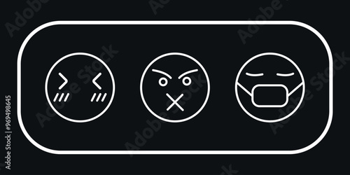 Three white design emoticons in a white frame. Vector on a black background