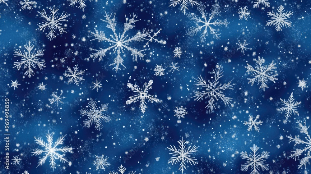 A seamless repeating pattern of snowflakes in various sizes and shapes, softly glowing on a deep blue background. A seamless repeating pattern of snowflakes in various sizes and shapes, softly glowing on a deep blue background.