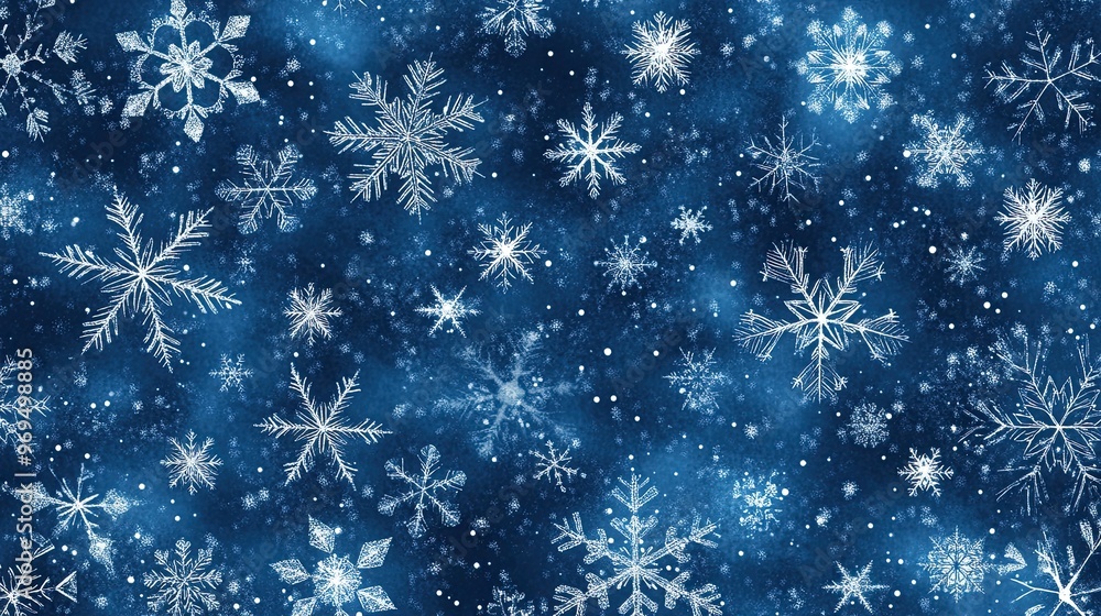 A seamless repeating pattern of snowflakes in various sizes and shapes, softly glowing on a deep blue background. A seamless repeating pattern of snowflakes in various sizes and shapes, softly glowing on a deep blue background.