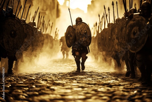 Sepia-toned image of a Roman legion marching through ancient streets, shields raised, spears forward, with dust rising from the stone road creating a historic atmosphere
