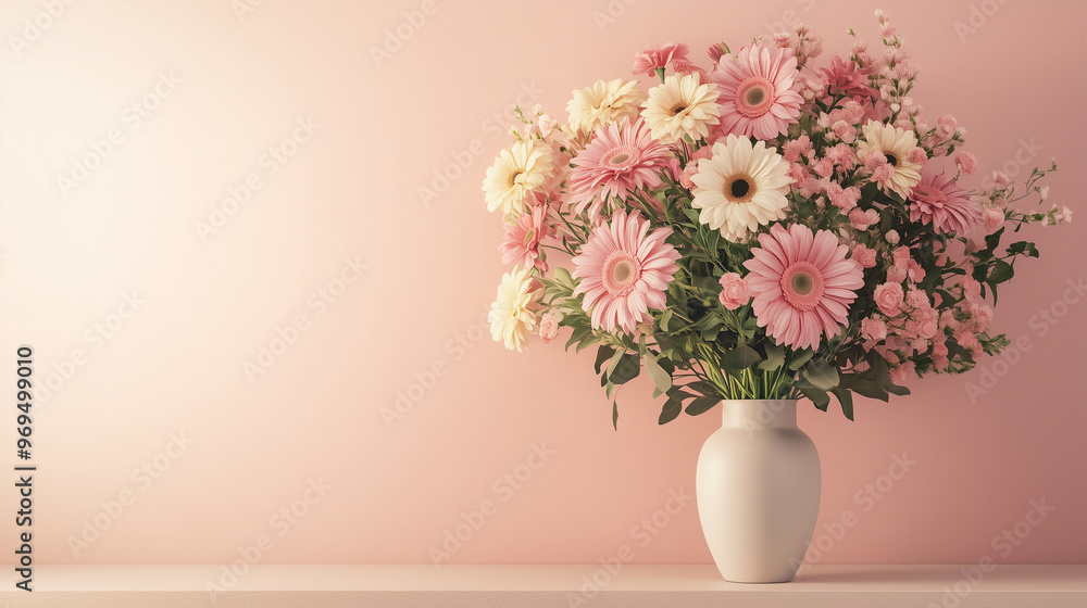 A vase with pink and white gerbera daisies on an empty table against a pastel wall background A vase with pink and white gerbera daisies on an empty table against a pastel wall background