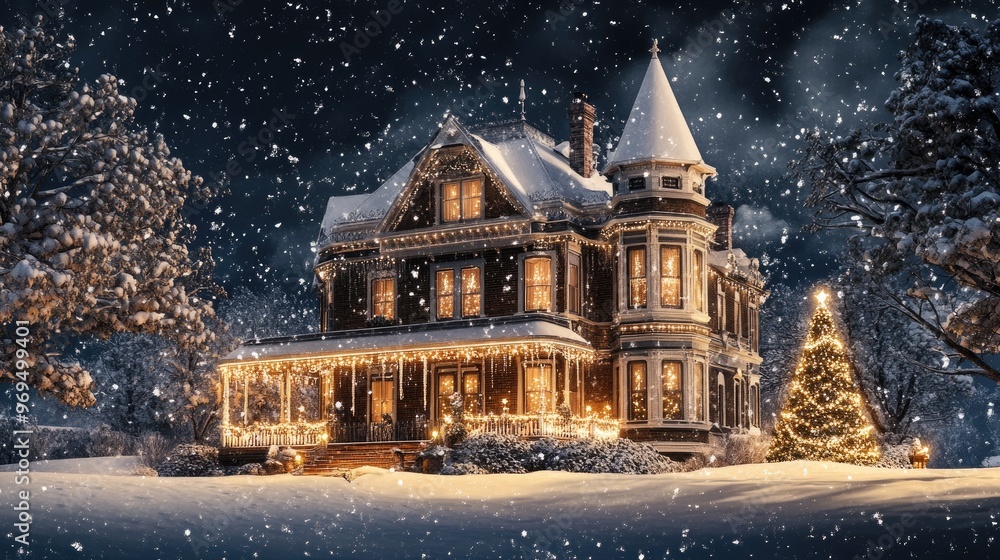 Fototapeta premium A snow-covered, grand Victorian house, with elegant Christmas lights and decorations, and a blank area in the sky for adding text.