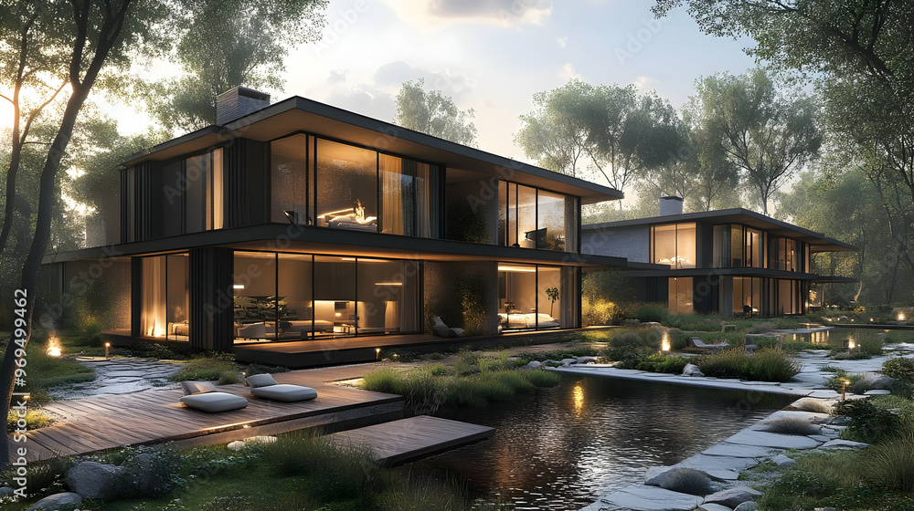 Modern homes surrounded by nature, featuring large windows and tranquil landscaping. Modern homes surrounded by nature, featuring large windows and tranquil landscaping.