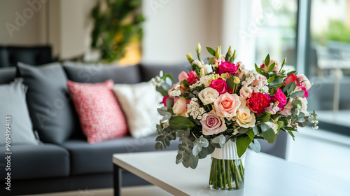 A beautiful bouquet of flowers in an elegant white vase is placed on the coffee table against the backdrop of a modern interior design